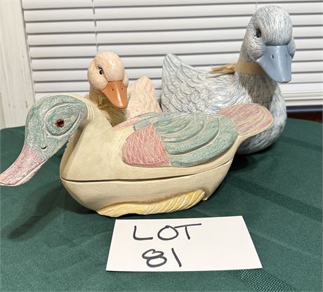 Vintage Ceramic Duck Figures & Trinket Dish