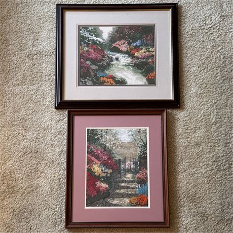 Pair of Counted Cross Stitch Floral Wall Hangings - 22 x 19 3/8" (Largest)