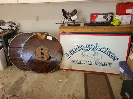 Portage Lakes Marine Mart Sign & (2) Wood Spool Table Tops