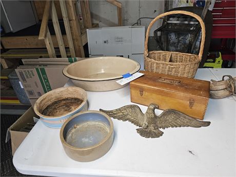 Tan Enamel Pan/Wicker/Stoneware Pet Bowls & More