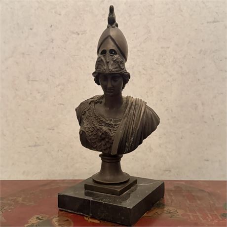 Vintage Bronze Bust of Athena Sculpture on Marble Base - 9.5"T