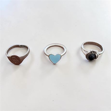 Silver Plated Signet Ring (Sz 8.5), Blue Chalcedony Stone Heart Ring (Size 5.5)