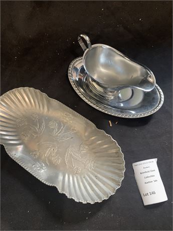 Hammered Aluminum Serving Tray W/Embossed Floral Design, Gravy Boat W/Spill Tray
