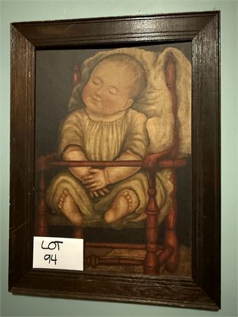 Vintage Folk Art Baby In Red Chair Picture 26.5” X 20” Framed Canvas Print