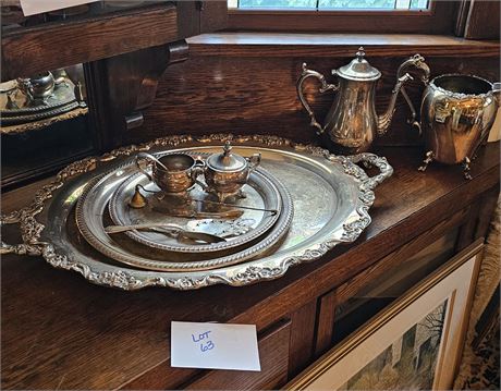 Mixed Plated Silver, Large Trays, Sheridan Pitcher, Creamer & Sugar & More