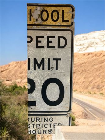 Partial Metal "School Speed Limit" Street Sign W/Various Racing Stickers On Back