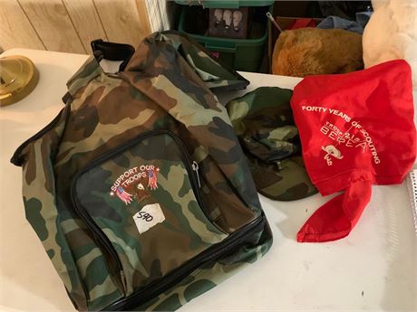 Camouflage Back Pack & Hat - Red Boy Scout Handkerchief Berea Troop 215