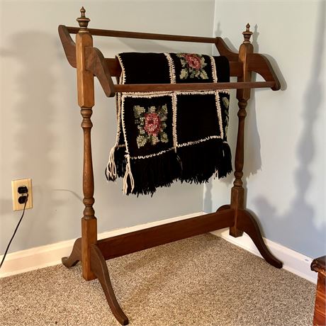 Wood Quilt Rack and Early Decorative Throw