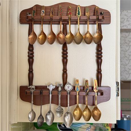 Vintage Souvenir Spoons on Hanging Wooden Display