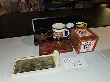 Mixed Misc. Lot:Wood Box/Fur Pouch/Asian Wood Box/Enamel Cups & More