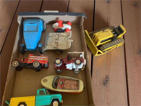 Vintage Die-Cast Metal, Trucks, Jeep, Boat, Bulldozer Toys