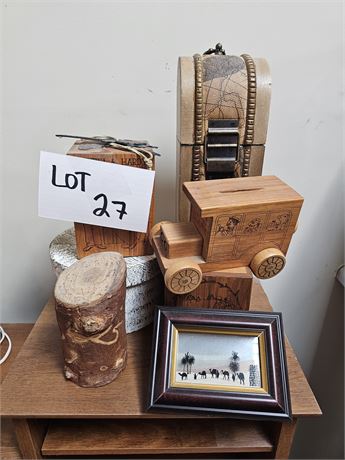 Mixed Decor Lot- Wine Box, Wood Carved Boxes & More
