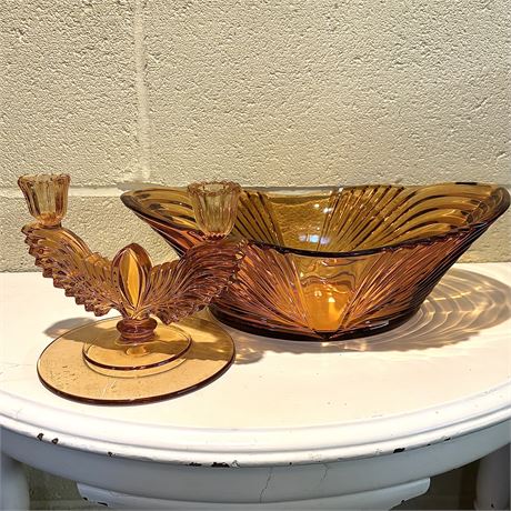 Vintage Amber Glass Centerpiece Bowl and Matching Candle Holder