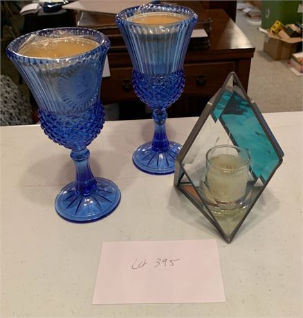 Avon Fostoria Blue Glass Candles Holder Set Stained Glass Geometric Candleholder