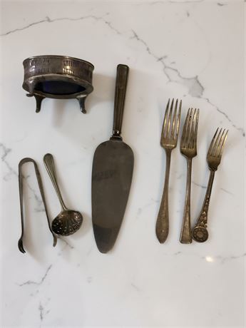 Vintage Silver Serving Items Cake Server, Forks, Ladle, Sugar Tongs, Footed Dish
