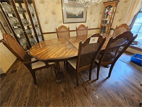 Solid Wood Dining Table with 6 Wood & Cane Chairs