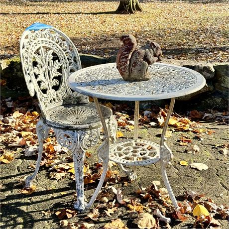 Cast Metal Patio Table, Chair and Concrete Squirrel