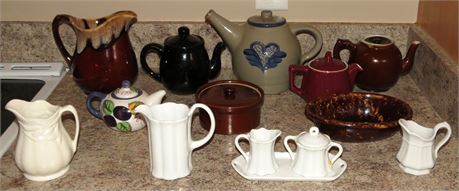 Pottery: Teapots, Creamer, Sugar