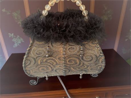 Vintage Purse/Handbag Shaped Lamp W/Patterned Fabric, Feathers, Beads