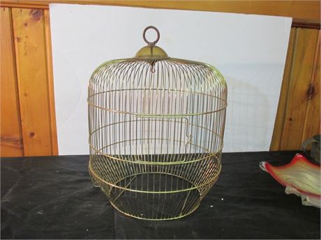 Vintage 14" Round Gold Wire MCM Hanging Bird Cage