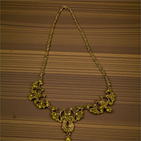 Gold Tone Yellow Rhinestone Floral Leaf Drop Pendant Necklace