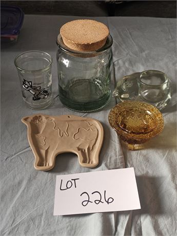 Mixed Glass Lot- Tom & Jerry Cup, Ashtray , Candle Holder, & More