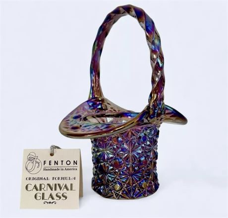 Fenton Amethyst Carnival Glass Basket - 9"T