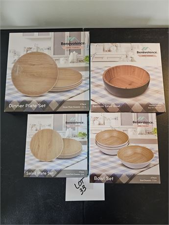 Benevolence Bamboo Salad Bowl & Dinner Plate Sets New In Box