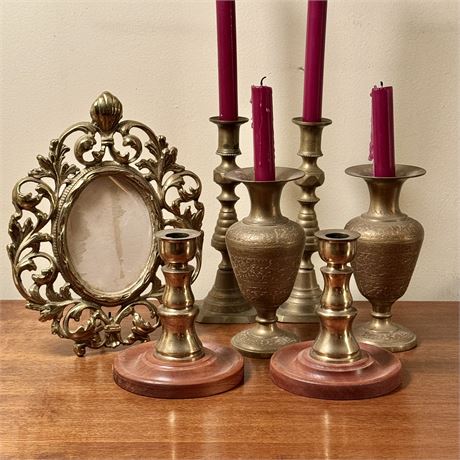 Brass Candle Holders, Frame and Vases