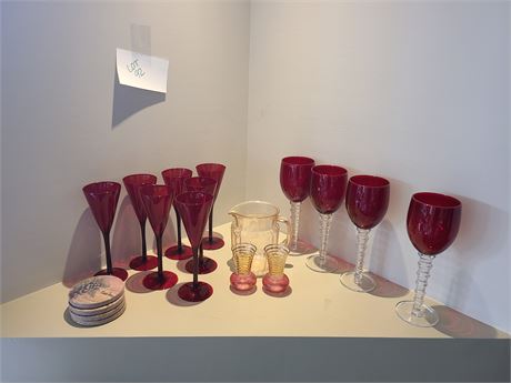 Ruby Glass Stemware - Cocktail / Pink Depression Glass Juice Pitcher & More