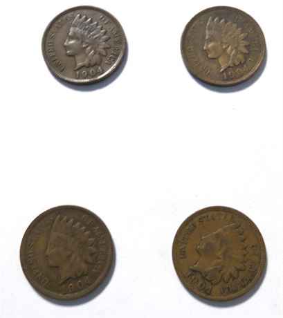 4 1904 Indian Head Pennies