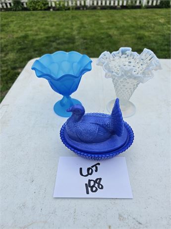 Fenton Opalescent Vase, Satin Blue Candy Dish & More