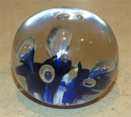 Art Glass Paperweight With Blue & White Flowers