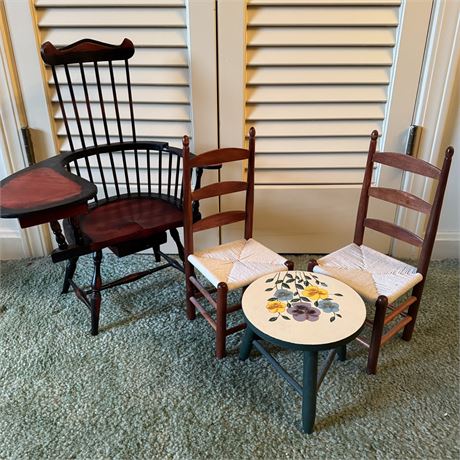 Vintage Wooden Doll Furniture w/ Antique Desk, Table and Chairs
