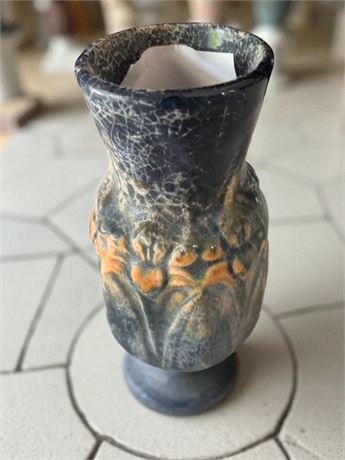 Carved Blue & Orange Glazed Crackle Effect Amaryllis Pottery Vase