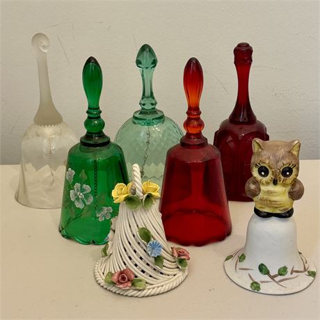 Mixed Collectible Bells Lot of 7 with Fenton Art Glass, Porcelain & More