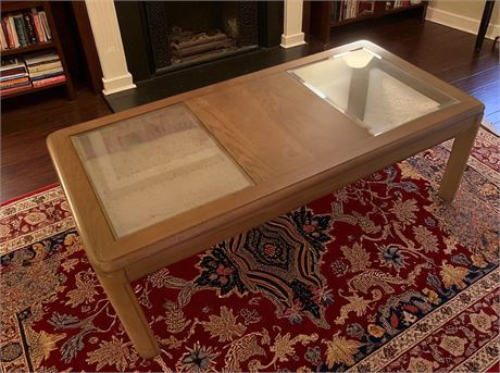Vintage Rectangular Oak Glass Top Coffee Table