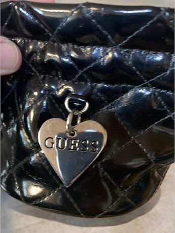 Guess Quilted Black Patent Leather Gift/Watch Pouch W/Drawstring & Silver Heart