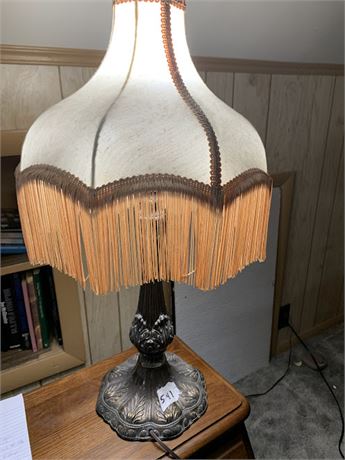 Victorian-Style Metal Table Lamp With Tasseled/Fringed Ivory Shade