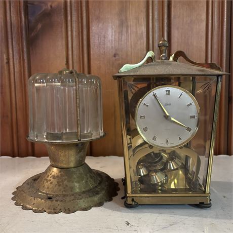 Early Glass and Brass Ceiling Light Fixture & Schatz Mantel Clock
