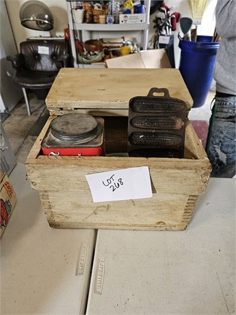 Antique Dovetail Toolbox, Sexton Large Chili Powder Tin & Cast Metal Cornbread