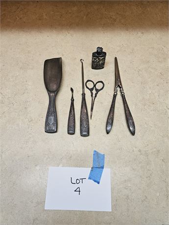 Antique Ladies Sterling Dresser Hot Iron/Shoe Hook/Cuticle Tools+Perfume Bottle