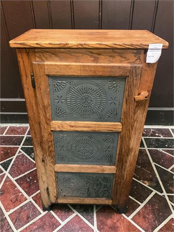 Oak Jelly Cupboard or 1 Door Pie Safe W/3 Internal Shelves & Embossed Tin Panels