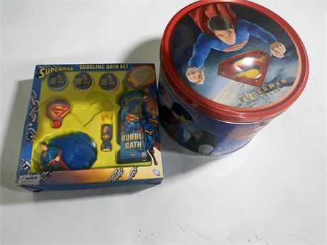 Superman Themed Childs Bath Set & Superman Returns Movie Memorabilia Tin