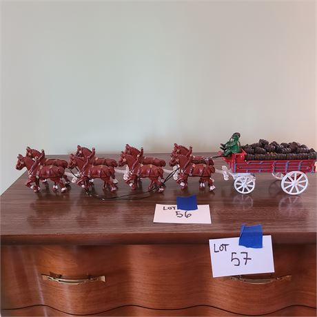 Repro Cast Metal Horses, Wagon & Wood Barrels