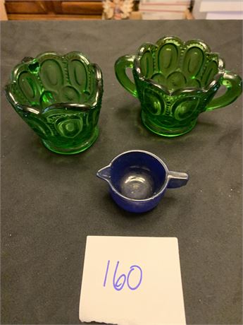 LE Smith Green Glass Cream and Sugar plus Cobalt Blue Depression Glass