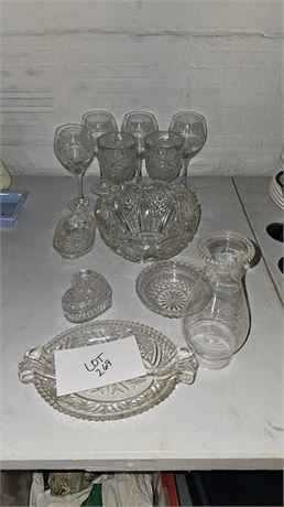 Mixed Clear Glass Lot: Bowls, Servers, Wine Glasses & More