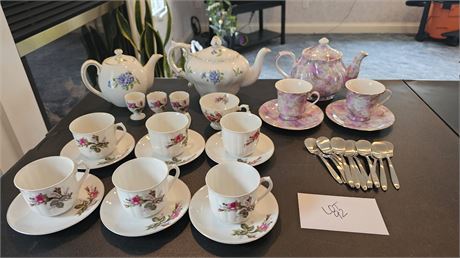 Rossetti Blue Corn Flower Tea Pots, Floral Rose Egg Cups & Saucers, Darice Tea