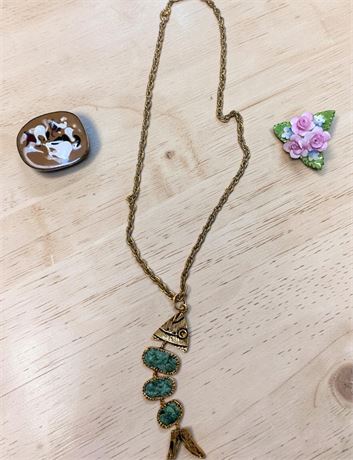 Vintage Fish Lariat Pendant Necklace Q/Turquoise-Colored Stones