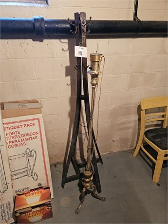 Antique Wood Coat Tree & Metal Floor Lamp